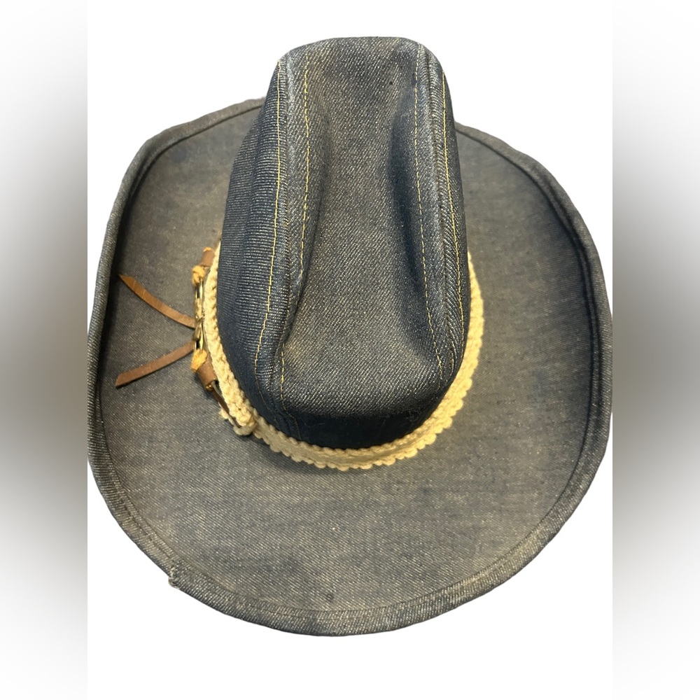 Vintage Denim Cowboy Hat 
Union Made Brass Horse Braid size small